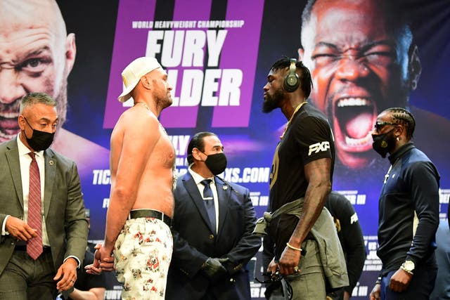<p>Fury and Wilder face off on 15 June at a Los Angeles press conference to announce their third WBC heavyweight championship fight, scheduled for 24 July in Las Vegas</p>