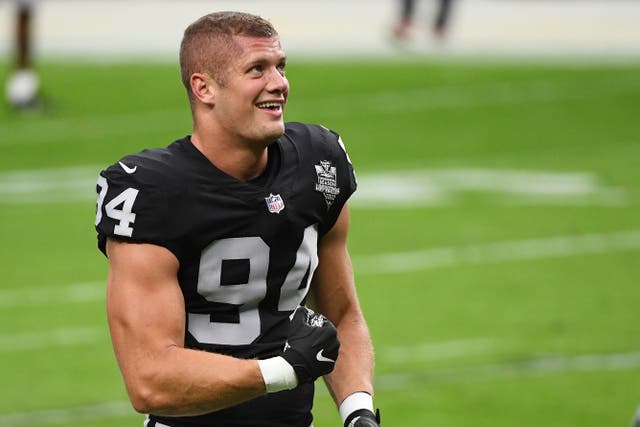 <p>Carl Nassib  of the Las Vegas Raiders warms up before a game against the Denver Broncos at Allegiant Stadium on 15 November 2020 in Las Vegas, Nevada</p>