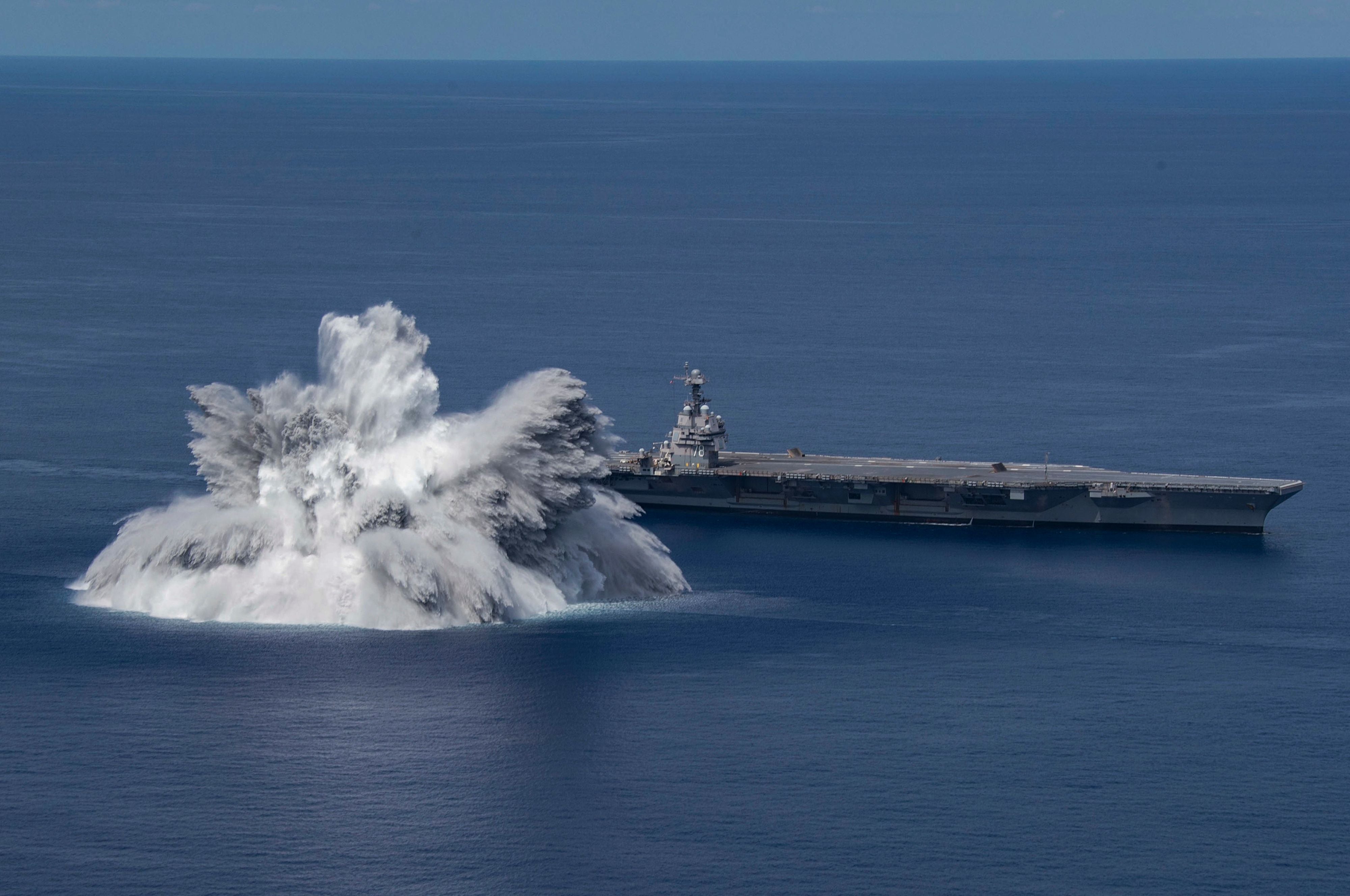 A navy statement Sunday said the 40,000-pound (18,143-kilo) explosion was triggered as part of work to evaluate the aircraft carrier, USS Gerald R. Ford’s battle readiness