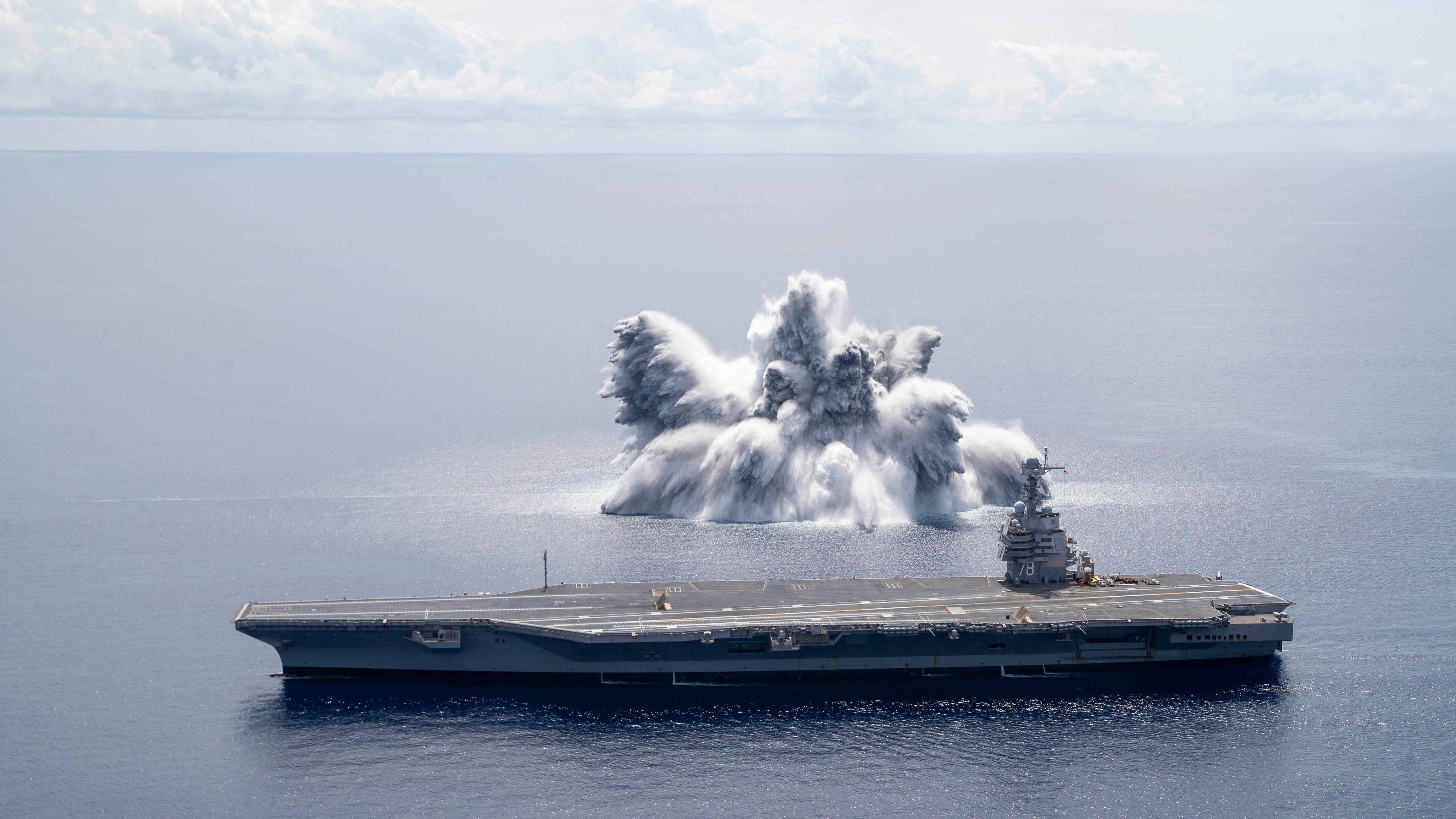 In this handout image courtesy of the US Navy the aircraft carrier USS Gerald R. Ford (CVN 78) completes the first scheduled explosive event of Full Ship Shock Trials on 18 June