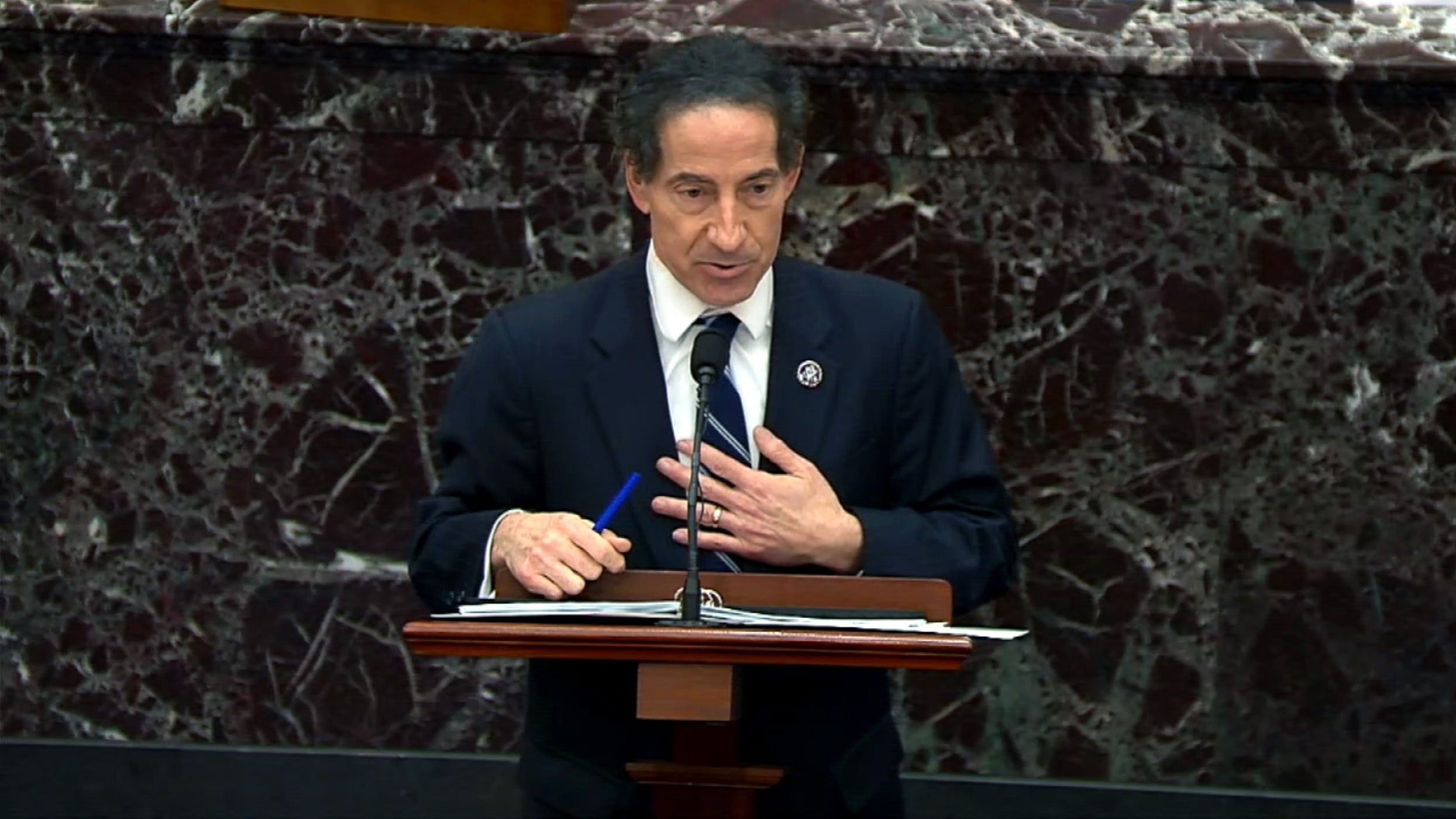 Rep Jamie Raskin (D-MD) gives closing arguments on the fifth day of former President Donald Trump’s second impeachment trial at the US Capitol on 13 February, 2021 in Washington, DC. A new mental health law in Maryland honours Mr Raskin’s late son, Tommy, who died by suicide.