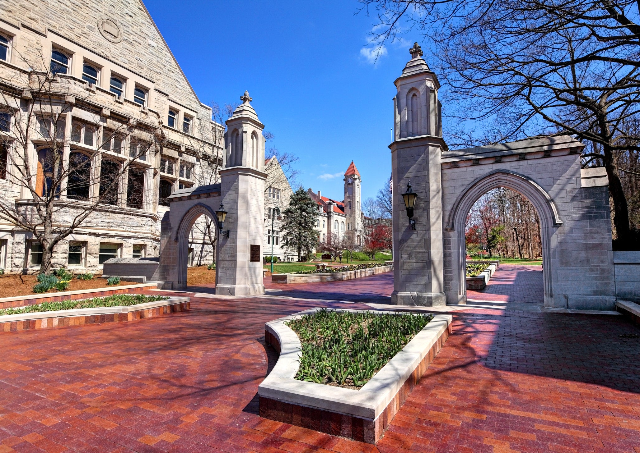 Daytime view of the The Sample Gates, entrance to Indiana University from Kirkwood Ave
