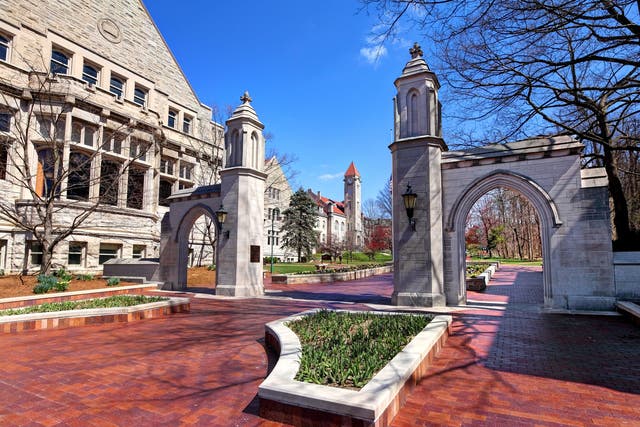 <p>Daytime view of the The Sample Gates, entrance to Indiana University from Kirkwood Ave</p>