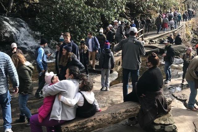 <p>Long lines at Laurel Falls in the Great Smoky Mountains National Park in January 2021</p>