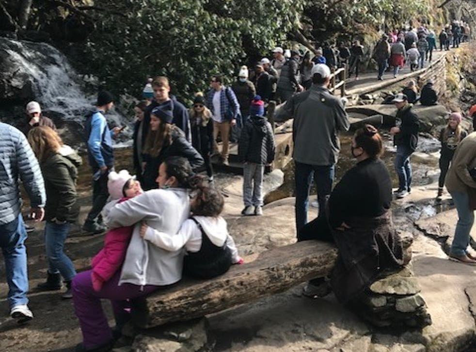 <p>Long lines at Laurel Falls in the Great Smoky Mountains National Park in January 2021</p>