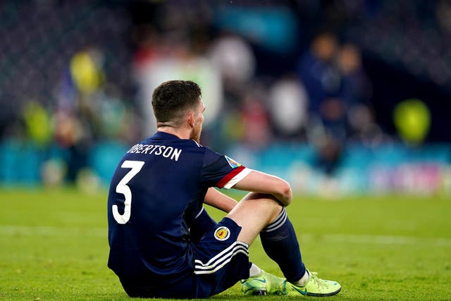<p>Scotland’s Andrew Robertson looks dejected after his side crashed out of Euro 2020</p>