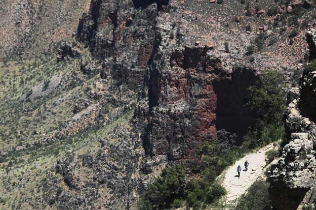 <p>Visitors hike on Memorial Day in the South Rim of Grand Canyon National Park, which has partially reopened on weekends amid the coronavirus (COVID-19) pandemic, on May 25, 2020 in Grand Canyon National Park, Arizona</p>