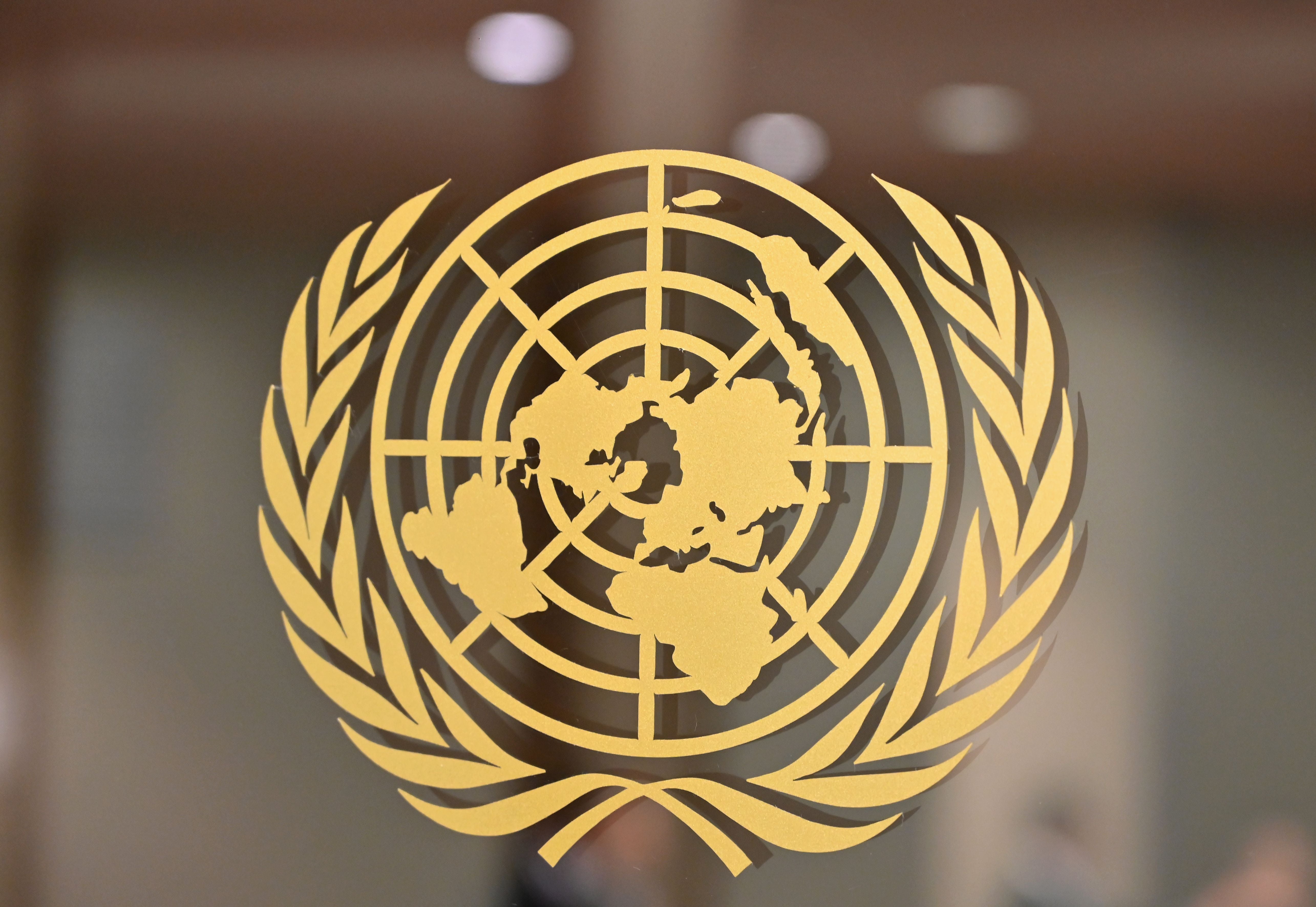 UN logo seen at its Headquarters in New York on 24 September, 2019