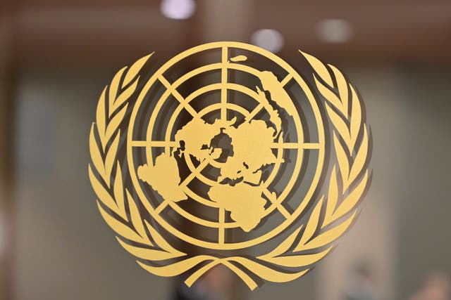 <p>UN logo seen at its Headquarters in New York on 24 September, 2019</p>