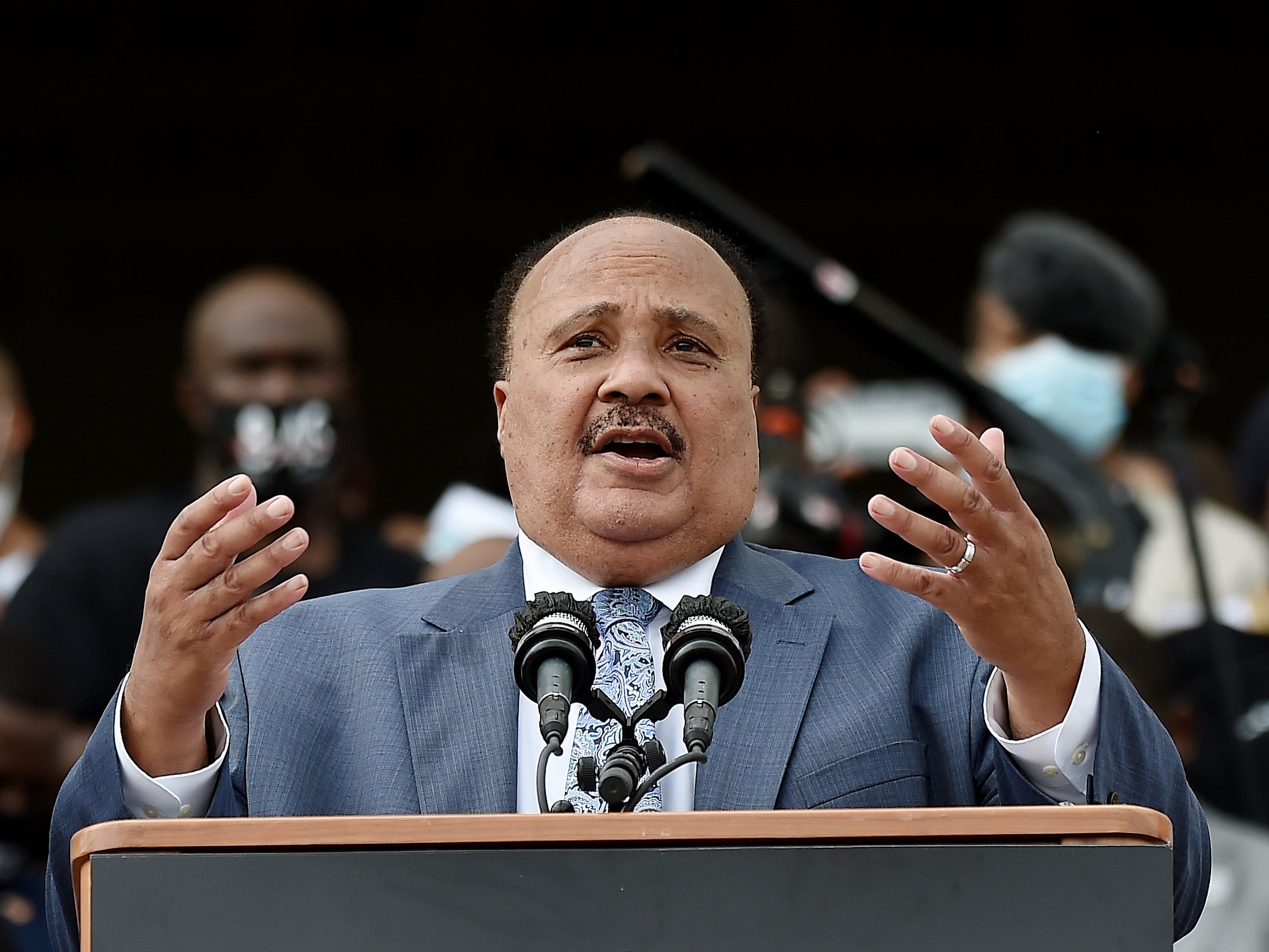 Martin Luther King III speaks during the March on Washington at the Lincoln Memorial on 28 August, 2020 in Washington, DC. Mr King is expected to lead a march this 28 August to protest voter suppression.