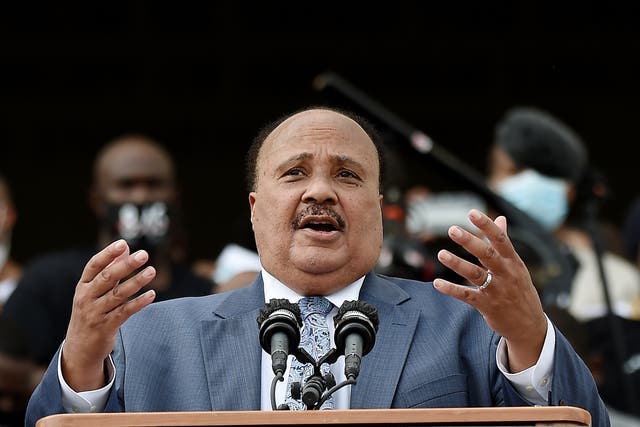 <p>Martin Luther King III speaks during the March on Washington at the Lincoln Memorial on 28 August, 2020 in Washington, DC. Mr King is expected to lead a march this 28 August to protest voter suppression.</p>
