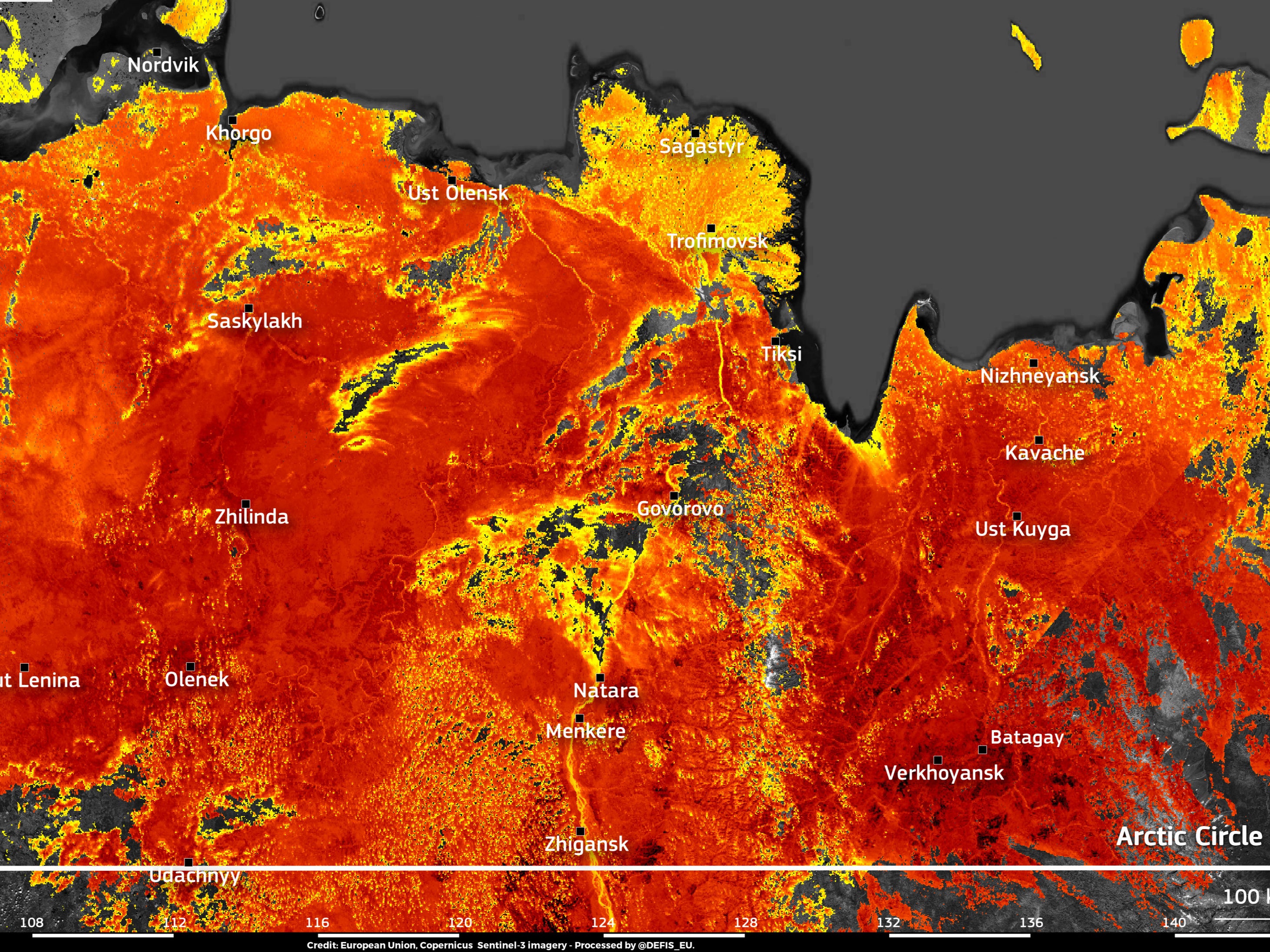 Image taken by the EU’s Copernicus Sentinel-3 satellite shows land surface temperatures reaching nearly 50C around the town of Verkhojansk