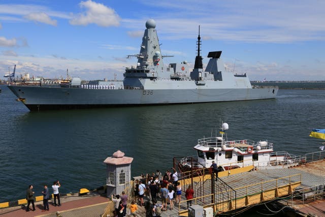 <p>HMS Defender arriving at the Black Sea port of Odessa</p>