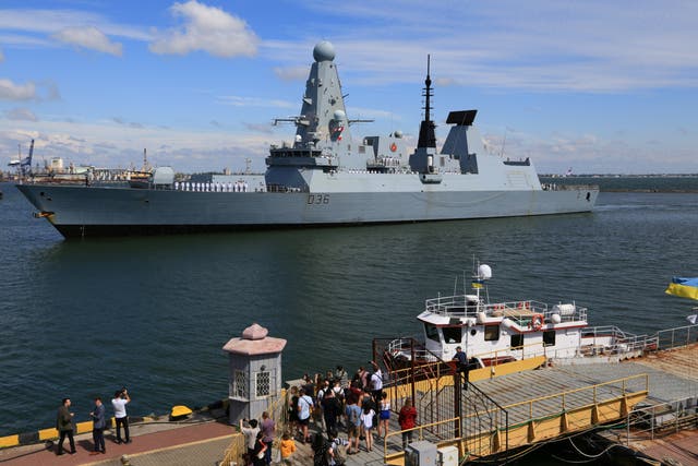 <p>The British royal navy’s type 45 destroyer ‘HMS Defender’ at the Black Sea port of Odessa, Ukraine</p>