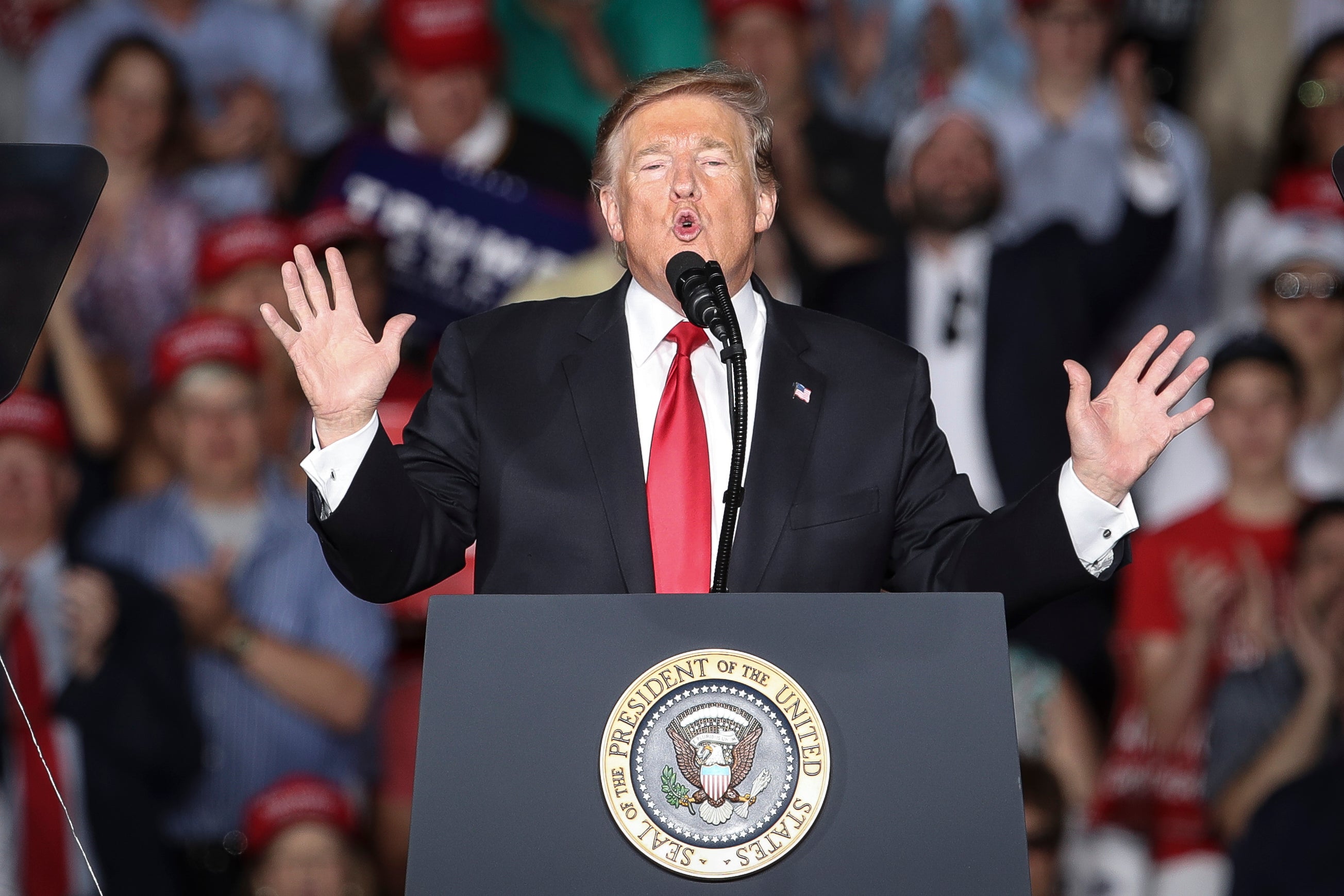 Then-President Donald Trump speaks during a ‘Make America Great Again’ campaign rally at Williamsport Regional Airport, 20 May , 2019 in Montoursville, Pennsylvania. The FEC is facing a lawsuit over its decision not to pursue an investigation into alleged campaign finance violations by the Trump campaign.