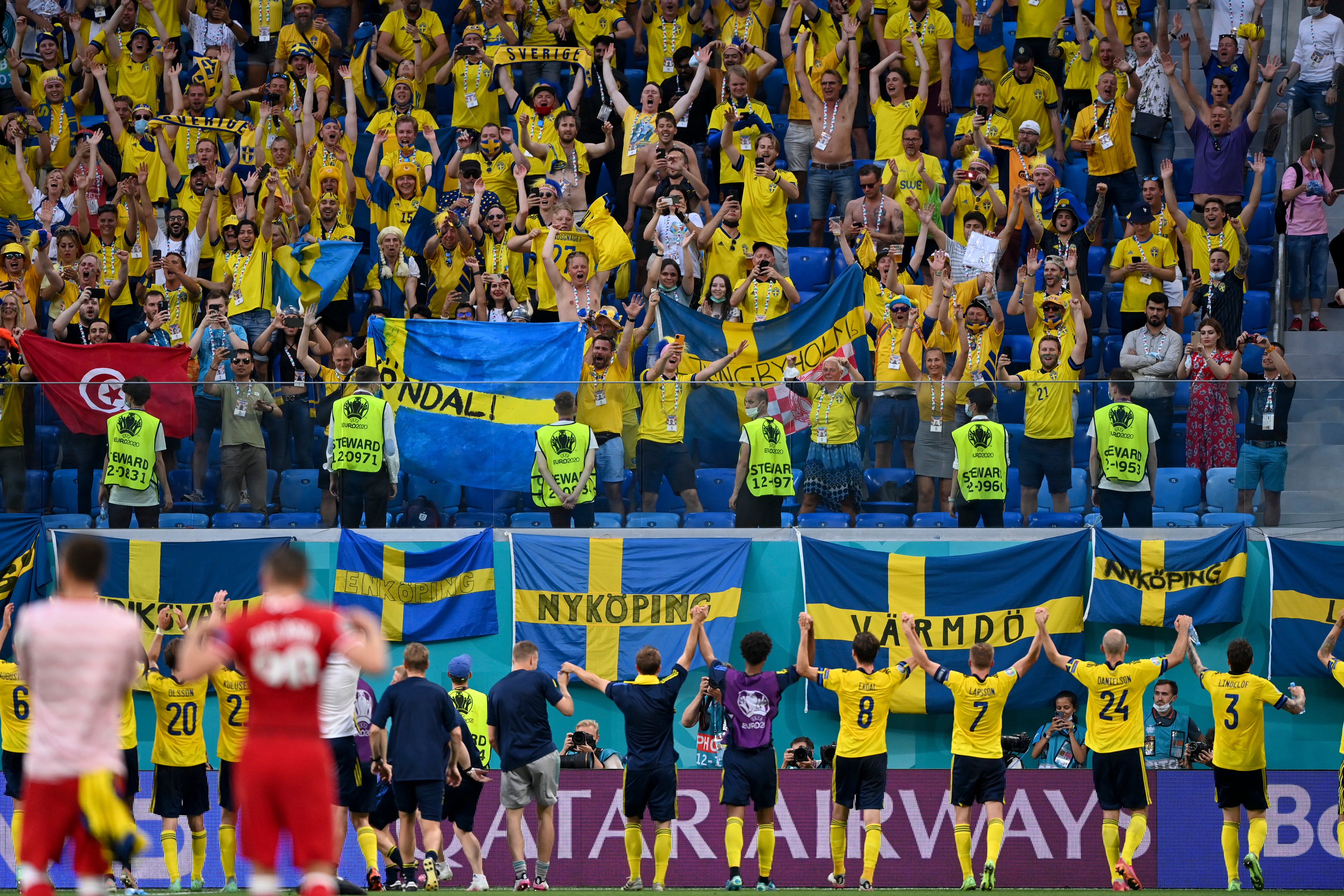 Sweden celebrate with their fans in St Petersburg after winning their final group match against Poland