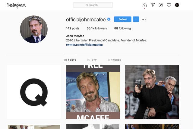 <p>A picture of the letter Q – perhaps alluding to the QAnon conspiracy theory – appeared on John McAfee’s Instagram shortly after his death was announced</p>