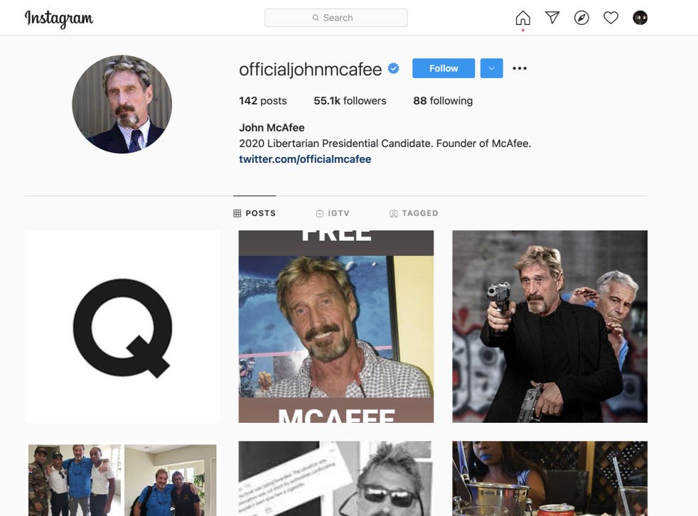 <p>A picture of the letter Q – perhaps alluding to the QAnon conspiracy theory – appeared on John McAfee’s Instagram shortly after his death was announced</p>