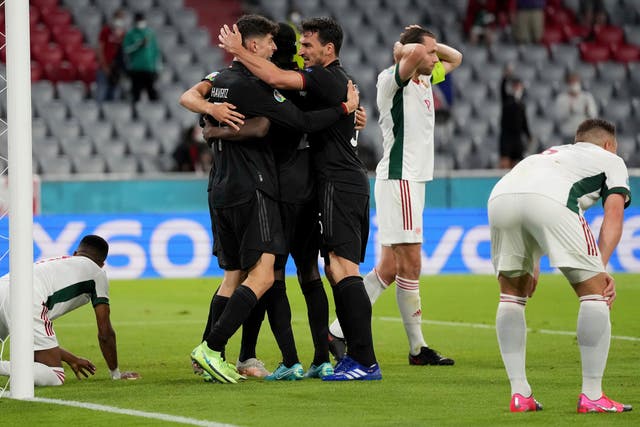 German players celebrate against Hungary