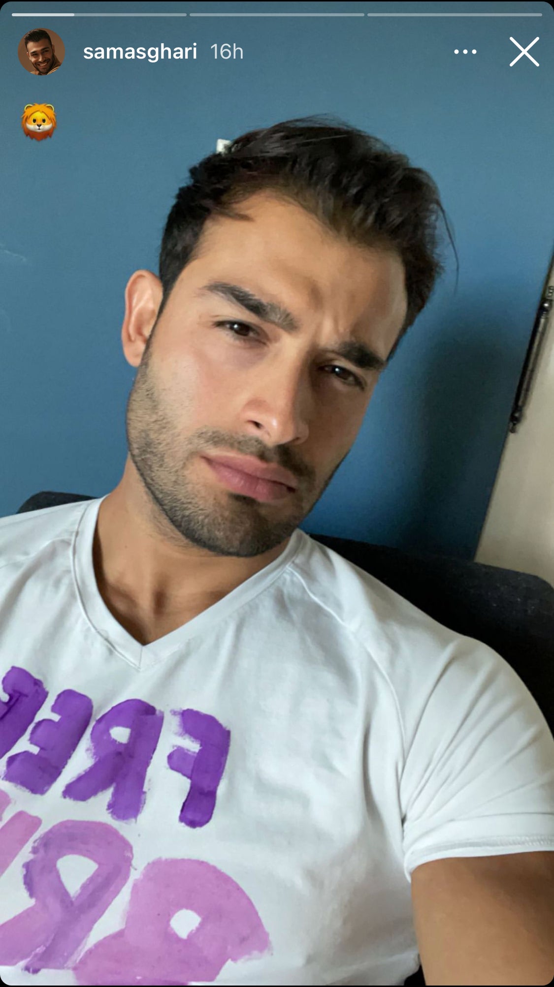 Britney Spears’ boyfriend, Sam Asghari, posts a selfie on his Instagram account in which he appears to be wearing a pink and purple ‘Free Britney’ t-shirt, ahead of her court appearance on Wednesday 23 June 2021