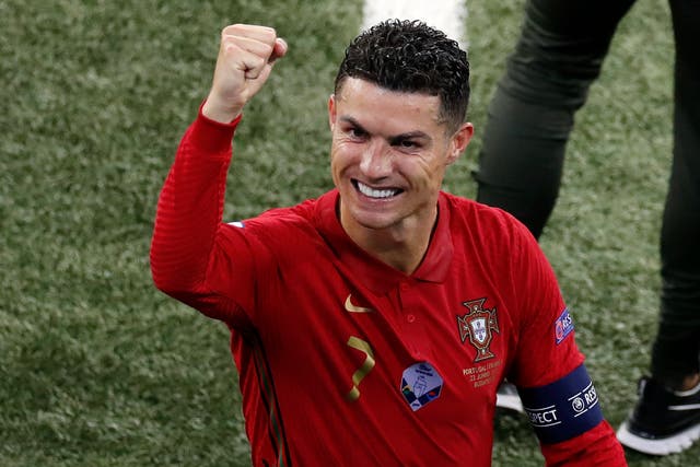 <p>Cristiano Ronaldo reacts after his record-equalling outing against France</p>