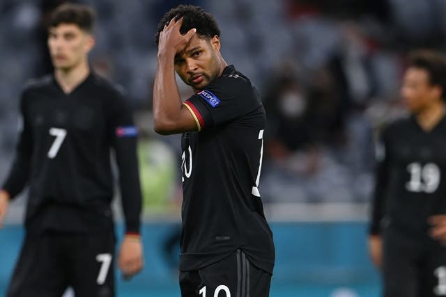 <p>Serge Gnabry reacts during Germany’s draw with Hungary</p>