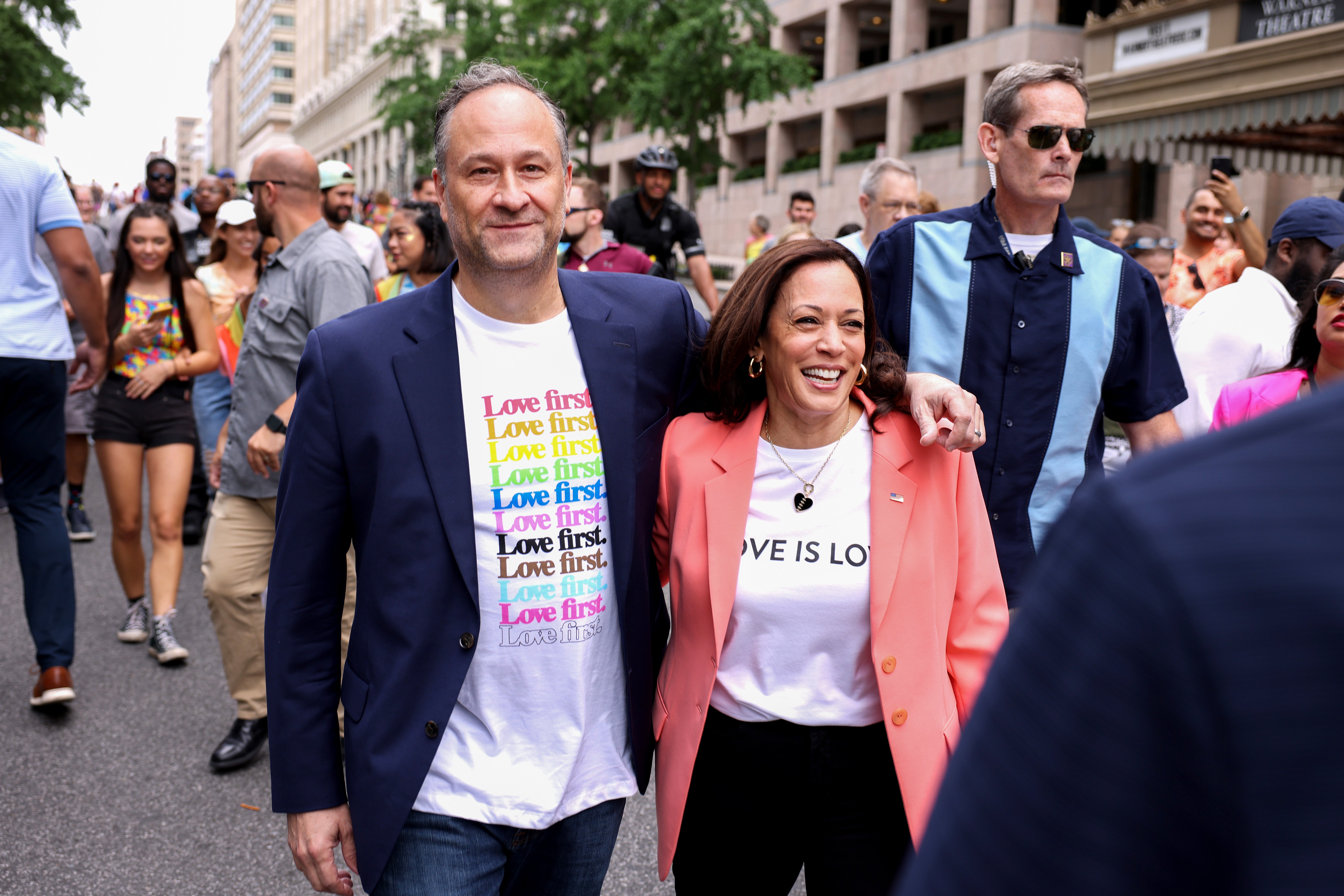 US Vice President Kamala Harris and husband Doug Emhoff join marchers for the Capital Pride Parade on June 12, 2021 in Washington, DC. Mr Emhoff has denied that former President Donald Trump’s plans to visit the US-Mexico border pushed Vice President Kamala Harris to plan her own trip.