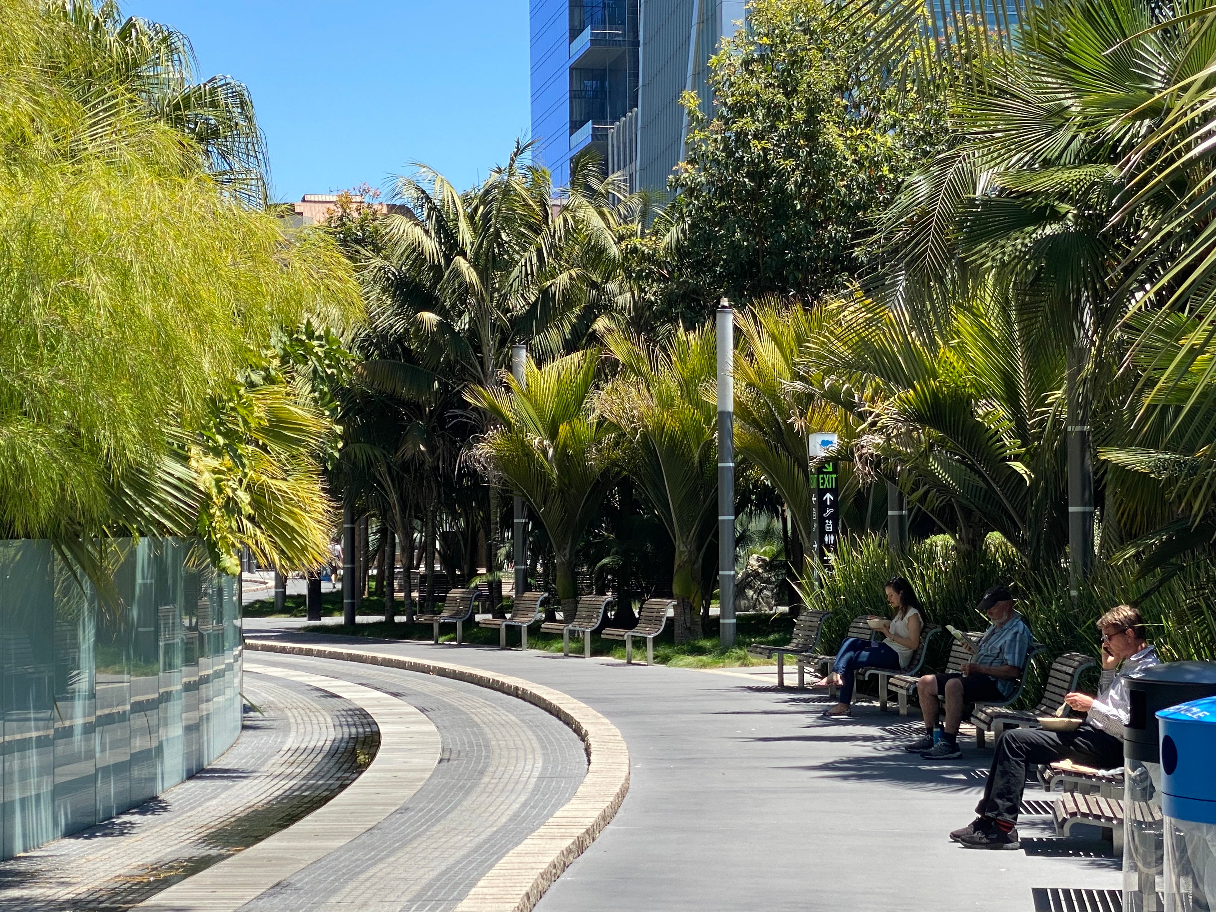Office workers enjoy a sunny lunch amid tropical plants at Salesforce Park, an elevated green space in San Francisco.