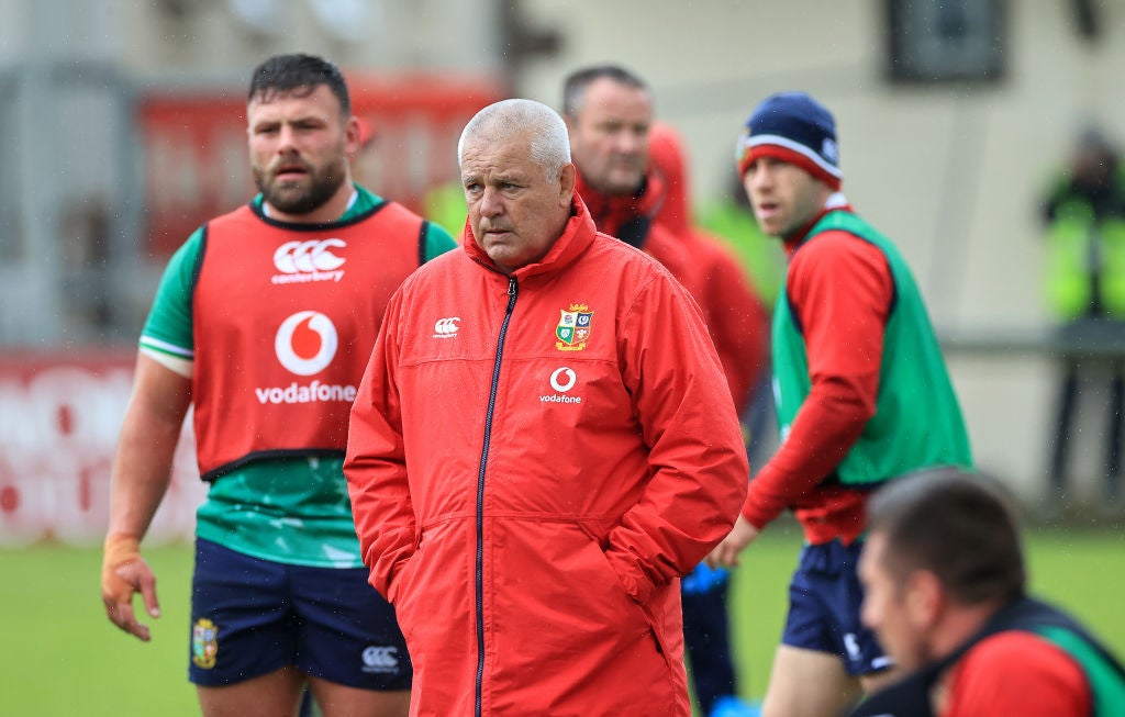Warren Gatland, the Lions head coach, looks on during a training session at Jersey’s Stade Santander International on Tuesday