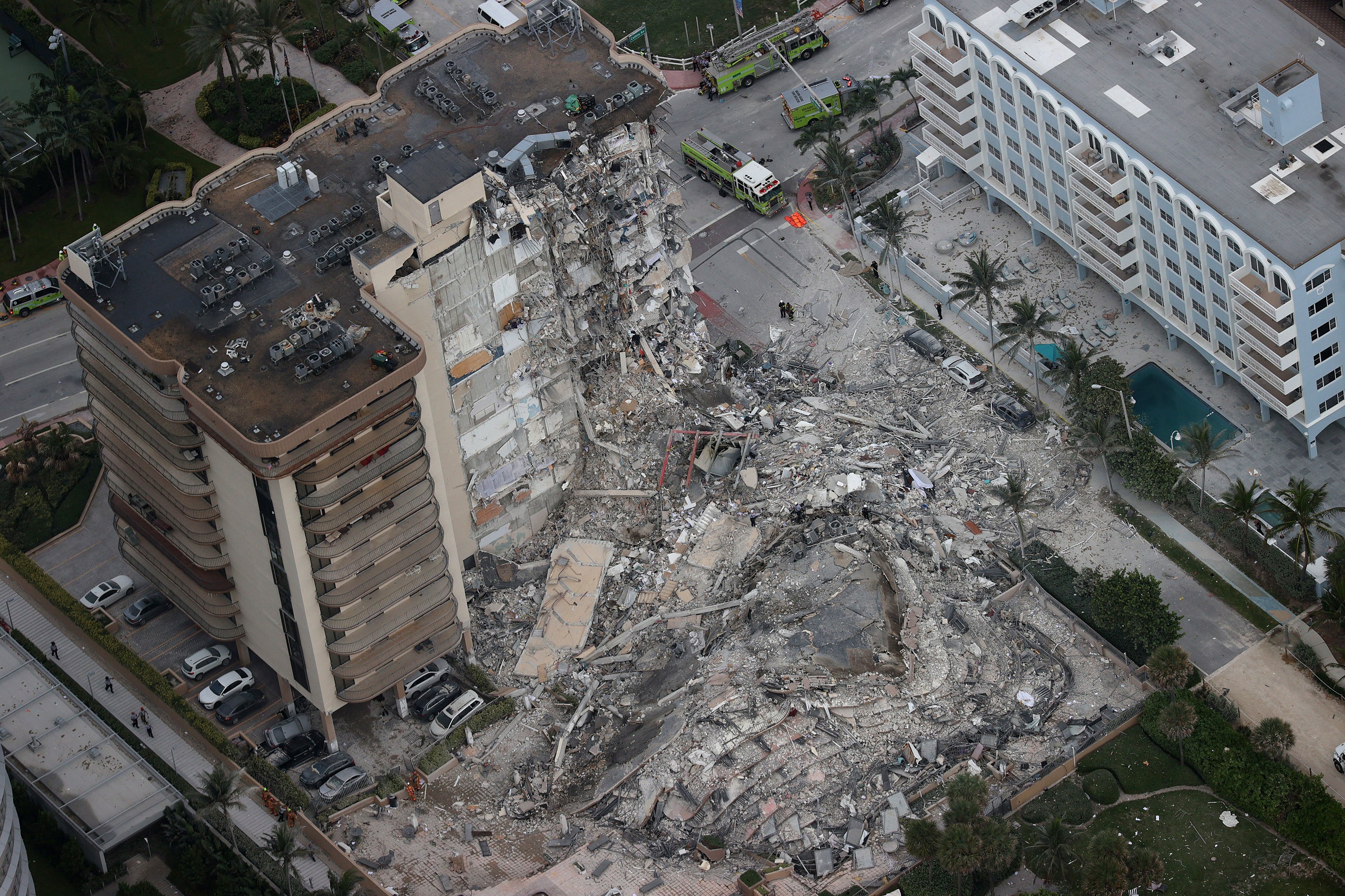 An overhead view of the collapsed condo building