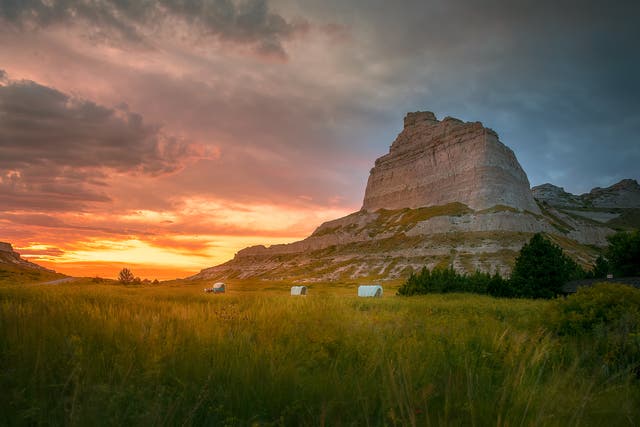 <p>Scotts Bluff National Monument at Gering, Nebraska. The National Parks site is surrounded by 1,751 abandoned wells, according to new analysis</p>