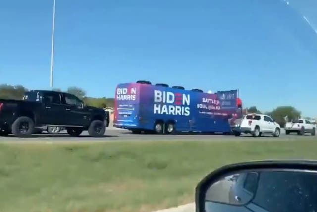 <p>File A train of Donald Trump supporters surrounds a Biden campaign bus in October 2020</p>