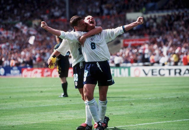 <p>Paul Gascoigne and Teddy Sheringham celebrate during Euro ’96 – the last time football truly came home</p>