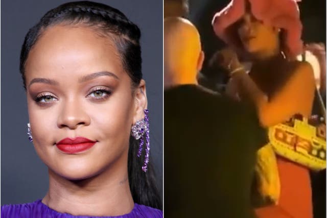<p>Rihanna in 2020 (left) and as seen in a viral video recently (right)</p>
