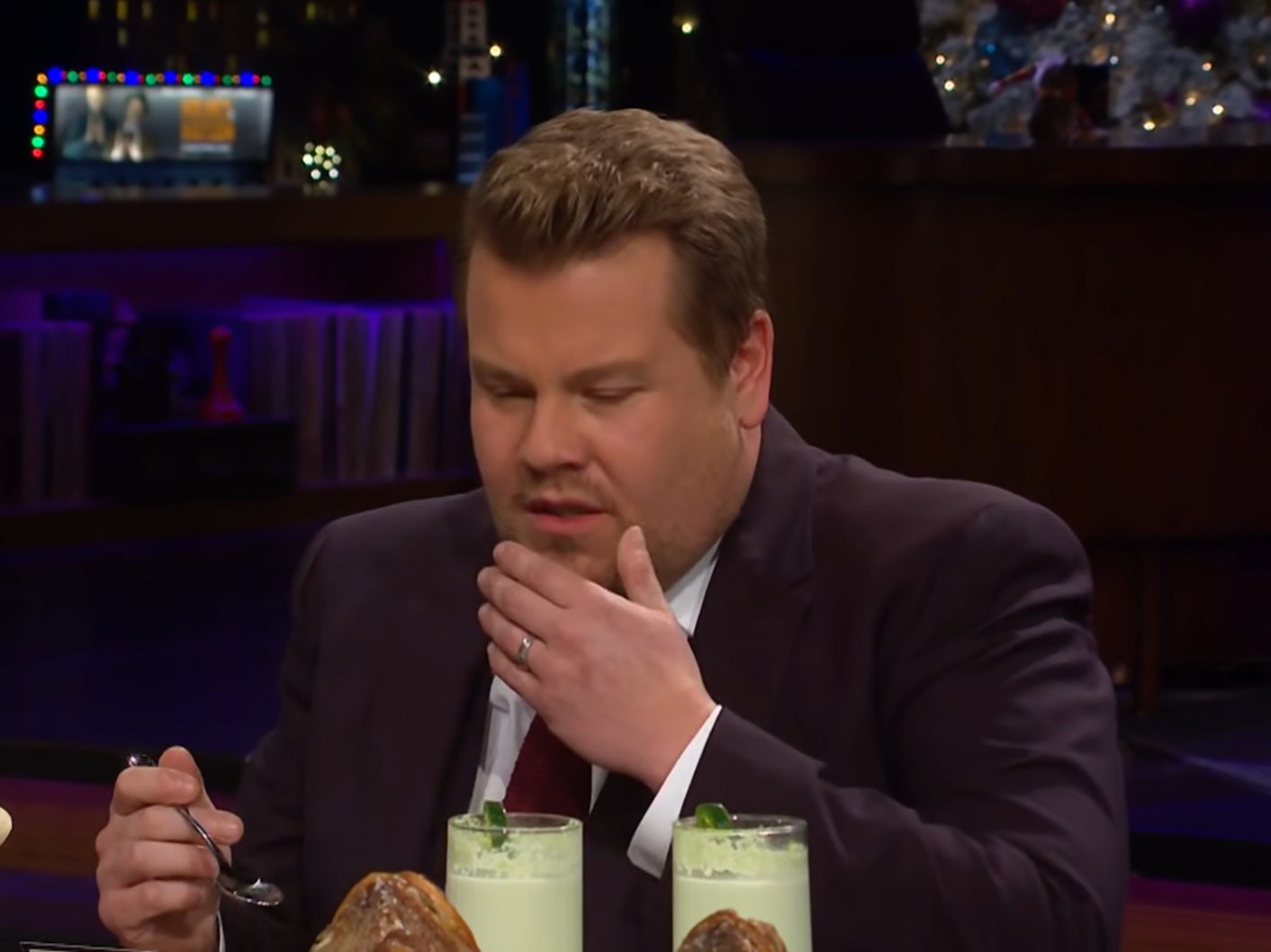 <p>James Corden participating in a ‘Spill Your Guts or Fill Your Guts’ segment</p>