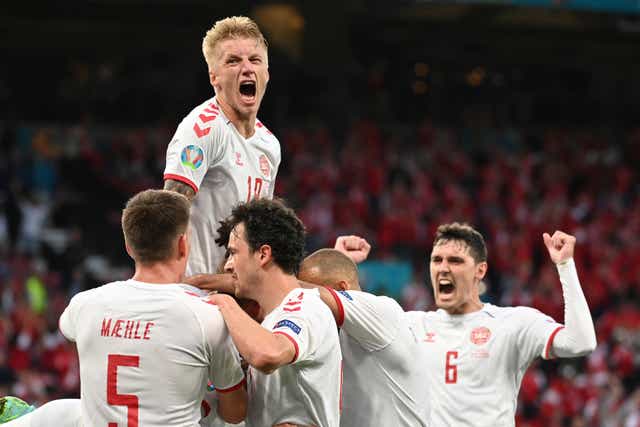 Denmark players celebrating scoring in their 4-1 Euro 2020 victory over Russia