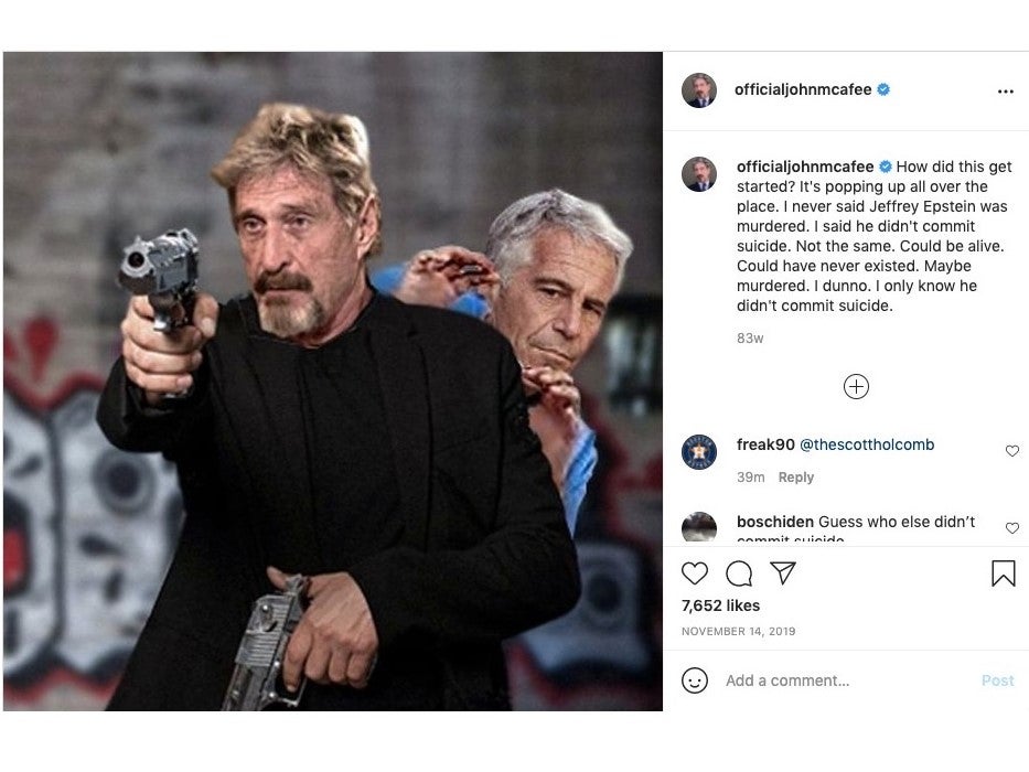John McAfee claimed Jeffrey Epstein could have been murdered, or faked his own death