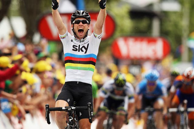 <p>Mark Cavendish celebrates winning stage 18 at the 2012 Tour</p>