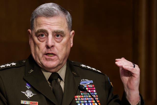 <p>Joint Chiefs of Staff Chair Gen Mark Milley testifies on the Defense Department’s budget request during a Senate Appropriations Committee hearing on Capitol Hill on 17 June, 2021 in Washington, DC. Mr Milley repeatedly rebuffed calls from former President Donald Trump and associates for violent military intervention in protests last year, a new book claims.</p>