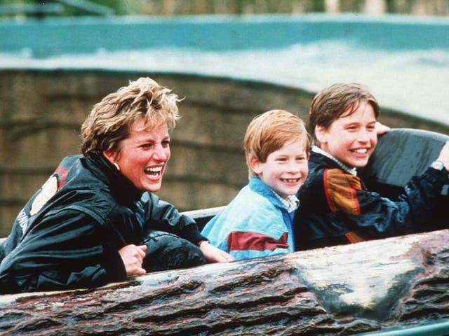 <p>Princess Diana, Prince William and Prince Harry at Thorpe Park in 1993</p>