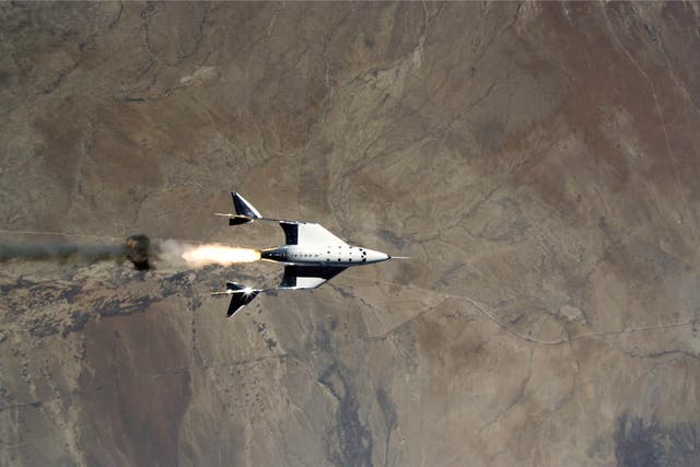 <p>This Saturday, May 22, 2021 image provided by Virgin Galactic shows the release of VSS Unity from VMS Eve and ignition of rocket motor over Spaceport America, N.M.</p>