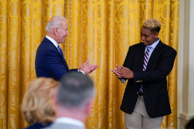 <p>Joe Biden is introduced by 16-year-old Ashton Mota during a White House Pride event.</p>