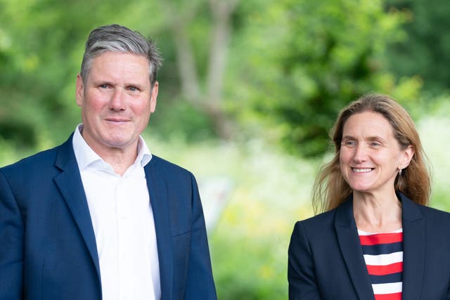 <p>Labour candidate Kim Leadbeater and Labour leader Keir Starmer visit the Jo Cox Community Wood in Liversedge on 10 June, 2021 </p>