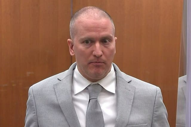 <p>Former Minneapolis police officer Derek Chauvin addresses his sentencing hearing and the judge as he awaits his sentence after being convicted of murder in the death of Floyd in Minneapolis, Minnesota</p>