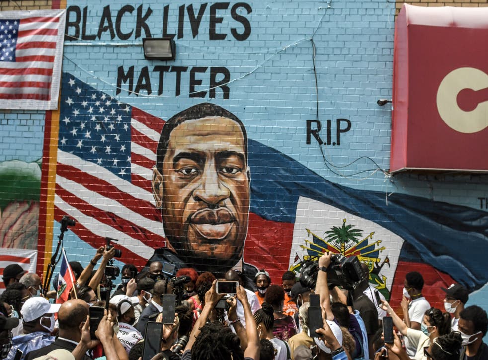 <p>A mural painted by artist Kenny Altidor depicting George Floyd is unveiled on a sidewall of CTown Supermarket on 13 July, 2020 in the Brooklyn borough New York City.  Derek Chauvin has been sentenced to 22.5 years for Mr Floyd’s death.</p>