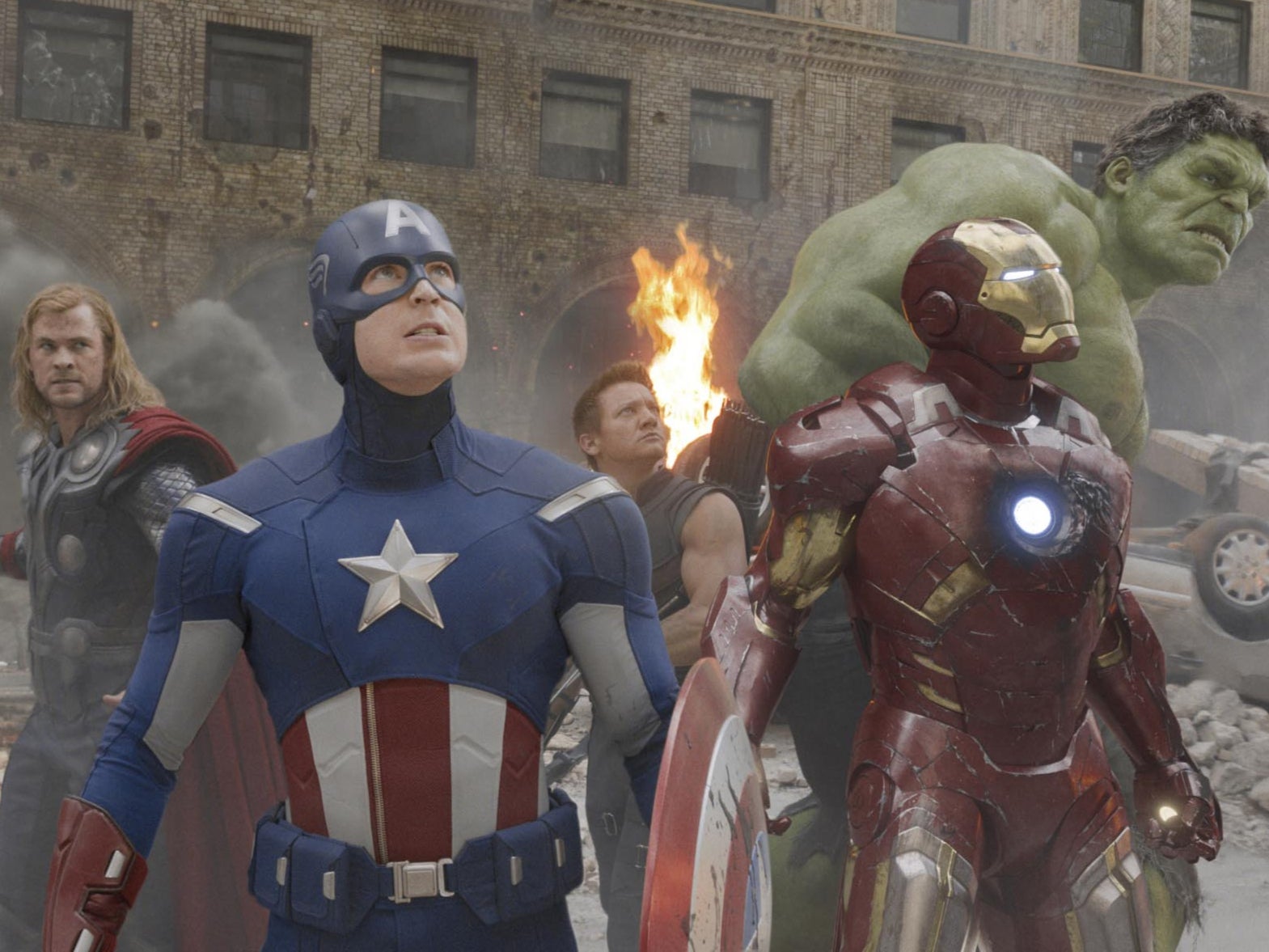 Chris Hemsworth, Chris Evans, Jeremy Renner, Robert Downey Jr, and Mark Ruffalo in ‘The Avengers'