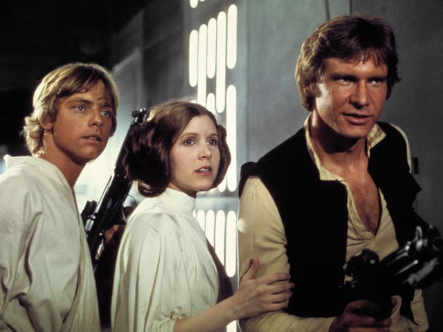 <p>Mark Hamill, Carrie Fisher, and Harrison Ford in ‘A New Hope'</p>