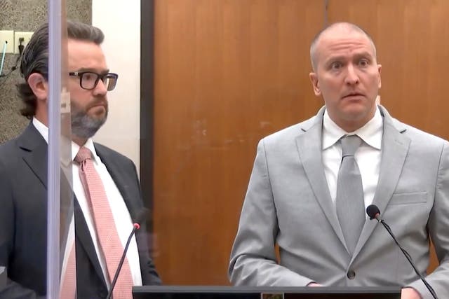 <p>In this image taken from video, former Minneapolis police Officer Derek Chauvin, right, accompanied by defense attorney Eric Nelson, addresses the court as Hennepin County Judge PeterCahill presides over Chauvin’s sentencing, Friday, June 25, 2021, at the Hennepin County Courthouse in Minneapolis</p>