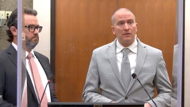 <p>In this image taken from video, former Minneapolis police Officer Derek Chauvin, right, accompanied by defense attorney Eric Nelson, addresses the court as Hennepin County Judge PeterCahill presides over Chauvin’s sentencing, Friday, June 25, 2021, at the Hennepin County Courthouse in Minneapolis</p>