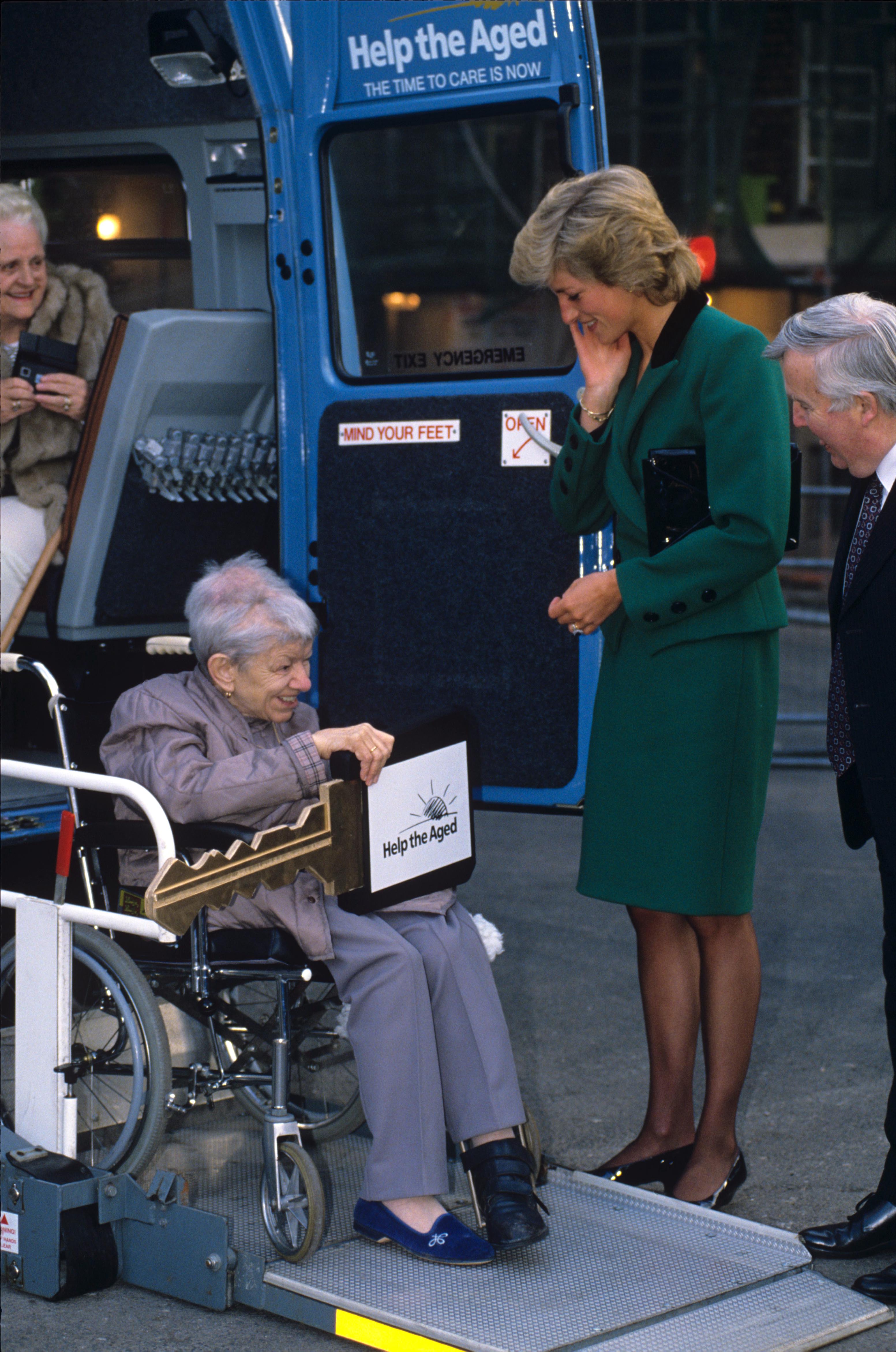 Princess Diana pictured visiting Help the Aged Charity in London in 1989.